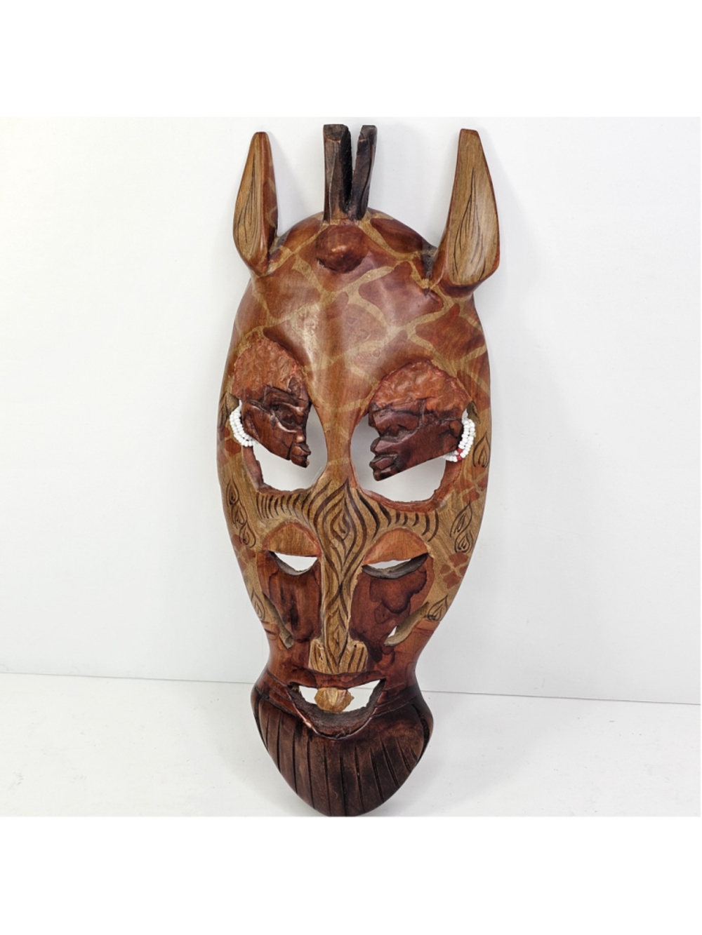 Hand Carved Wooden Giraffe Tribal Mask Wall Hanging African Beaded Decor